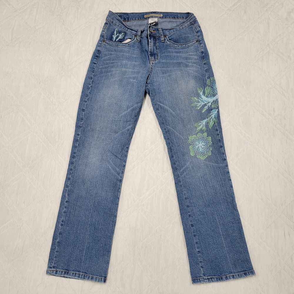 Z. Cavaricci Blue Straight Leg Jeans with Green Floral Embroidery